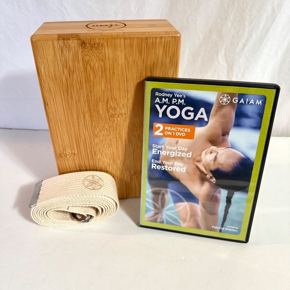 Maji Yoga Bamboo Block, Gaiam 100% Organic Cotton Strap, DVD - Set - Picture 1 of 16
